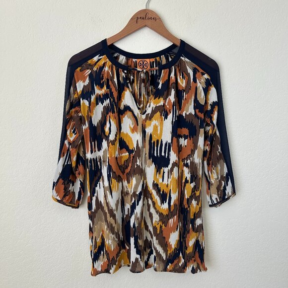 Tory Burch Top Womens XS Orange Navy Multicolor Silk 3/4 Sleeve Keyhole Tunic - Picture 1 of 8